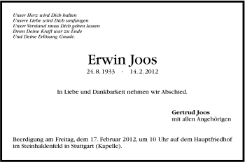 Traueranzeige von Erwin Joos von Stuttgarter Zeitung / Stuttgarter Nachrichten