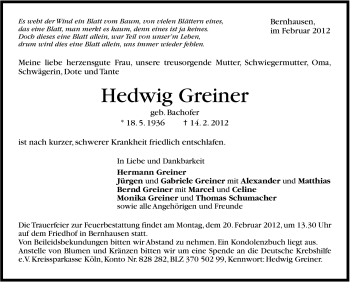 Traueranzeige von Hedwig Greiner von Stuttgarter Zeitung / Stuttgarter Nachrichten
