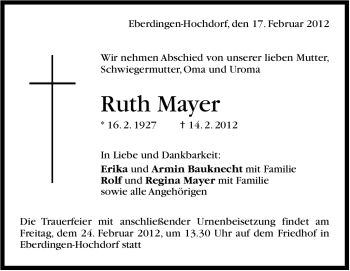 Traueranzeige von Ruth Mayer von Stuttgarter Zeitung / Stuttgarter Nachrichten