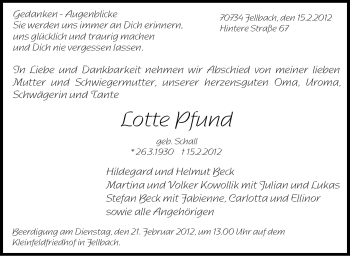 Traueranzeige von Lotte Pfund von Stuttgarter Zeitung / Stuttgarter Nachrichten