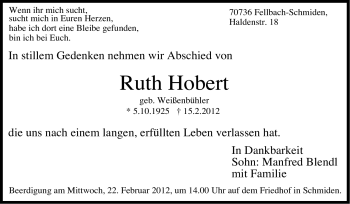 Traueranzeige von Ruth Hobert von Stuttgarter Zeitung / Stuttgarter Nachrichten