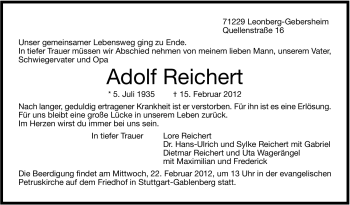 Traueranzeige von Adolf Reichert von Stuttgarter Zeitung / Stuttgarter Nachrichten
