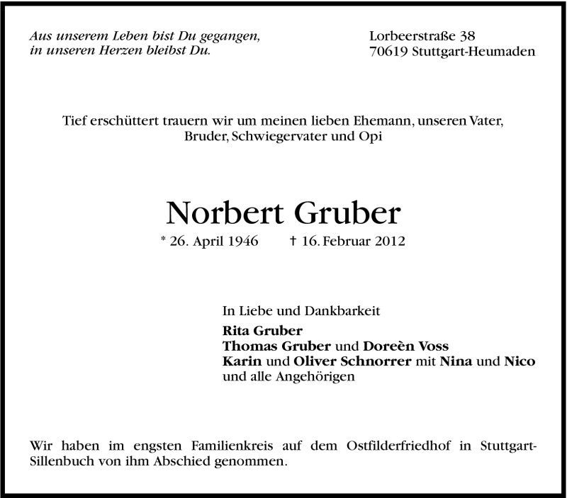  Traueranzeige für Norbert Gruber vom 25.02.2012 aus Stuttgarter Zeitung / Stuttgarter Nachrichten