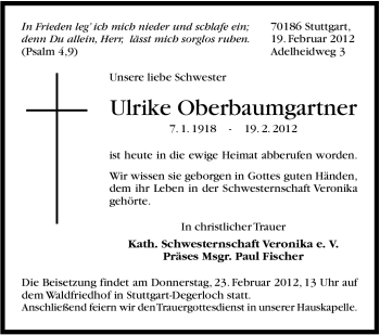 Traueranzeige von Ulrike Oberbaumgartner von Stuttgarter Zeitung / Stuttgarter Nachrichten