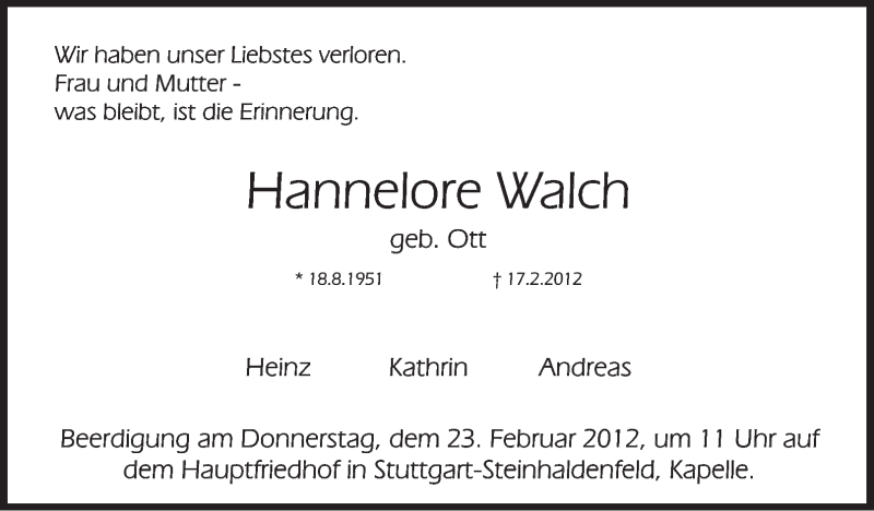  Traueranzeige für Hannelore Walch vom 21.02.2012 aus Stuttgarter Zeitung / Stuttgarter Nachrichten