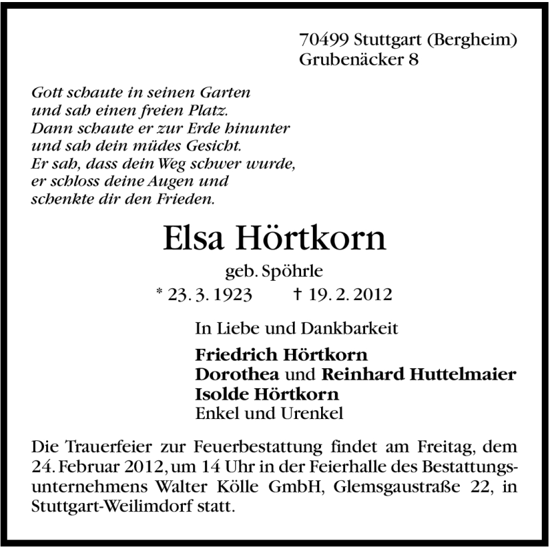  Traueranzeige für Elsa Hörtkorn vom 22.02.2012 aus Stuttgarter Zeitung / Stuttgarter Nachrichten
