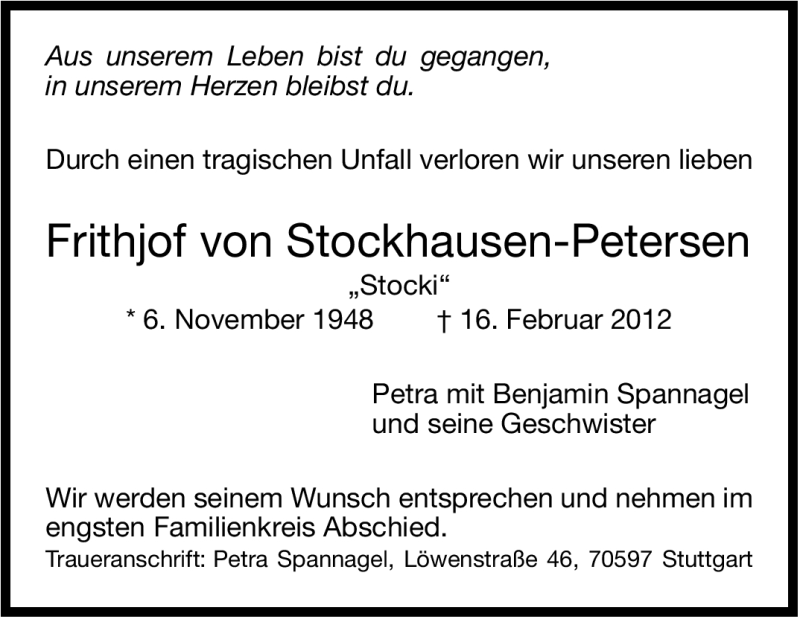  Traueranzeige für Frithjof von Stockhausen-Petersen vom 21.02.2012 aus Stuttgarter Zeitung / Stuttgarter Nachrichten