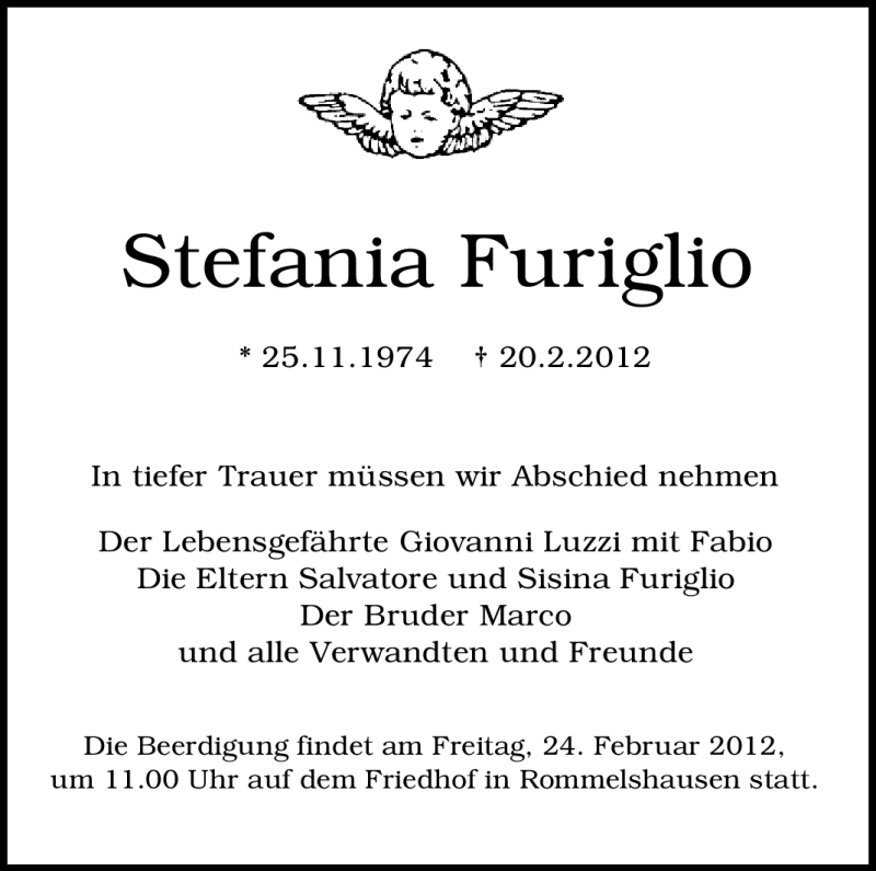  Traueranzeige für Stefania Furiglio vom 22.02.2012 aus Stuttgarter Zeitung / Stuttgarter Nachrichten