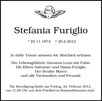 Traueranzeige von Stefania Furiglio von Stuttgarter Zeitung / Stuttgarter Nachrichten