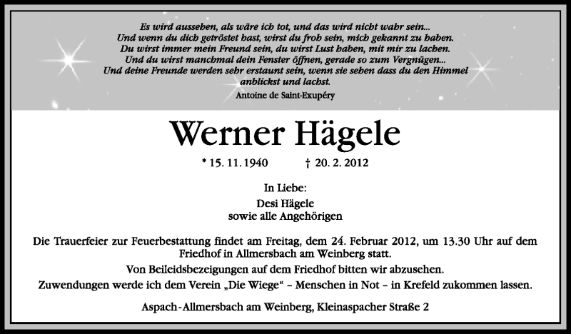 Traueranzeige für Werner Hägele vom 22.02.2012 aus Stuttgarter Zeitung / Stuttgarter Nachrichten