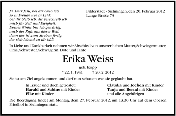 Traueranzeige von Erika Weiss von Stuttgarter Zeitung / Stuttgarter Nachrichten