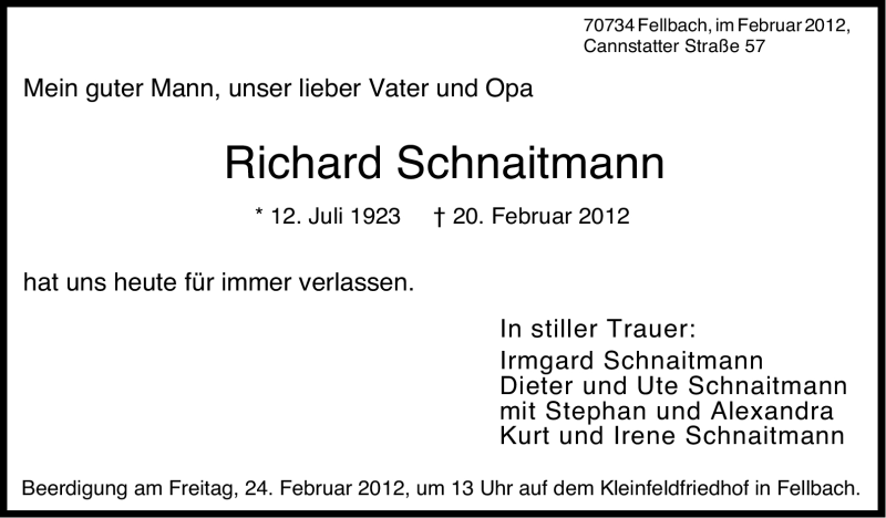  Traueranzeige für Richard Schnaitmann vom 22.02.2012 aus Stuttgarter Zeitung / Stuttgarter Nachrichten