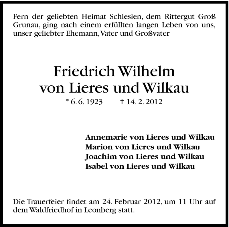  Traueranzeige für Friedrich Wilhelm von Lieres und Wilkau vom 22.02.2012 aus Stuttgarter Zeitung / Stuttgarter Nachrichten