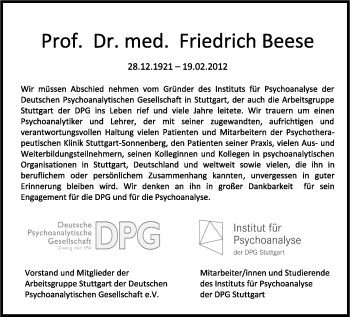 Traueranzeige von Friedrich Beese von Stuttgarter Zeitung / Stuttgarter Nachrichten