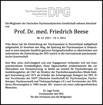 Traueranzeige von Friedrich Beese von Stuttgarter Zeitung / Stuttgarter Nachrichten