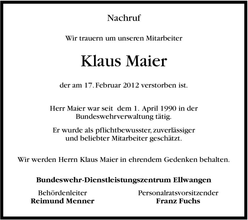  Traueranzeige für Klaus Maier vom 22.02.2012 aus Stuttgarter Zeitung / Stuttgarter Nachrichten