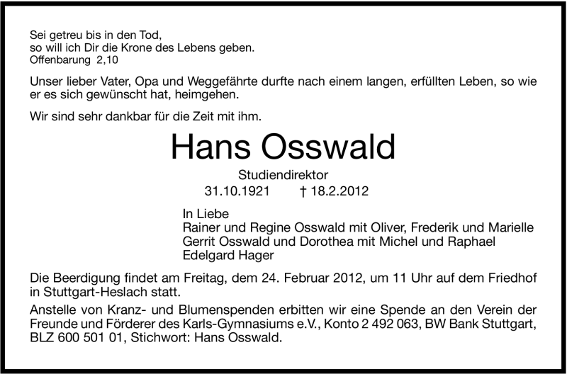  Traueranzeige für Hans Osswald vom 22.02.2012 aus Stuttgarter Zeitung / Stuttgarter Nachrichten