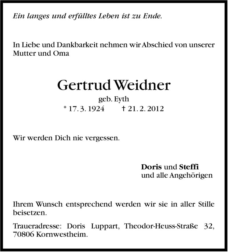  Traueranzeige für Gertrud Weidner vom 23.02.2012 aus Stuttgarter Zeitung / Stuttgarter Nachrichten