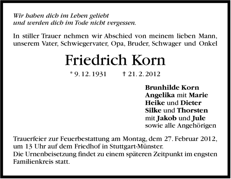 Traueranzeige für Friedrich Korn vom 23.02.2012 aus Stuttgarter Zeitung / Stuttgarter Nachrichten