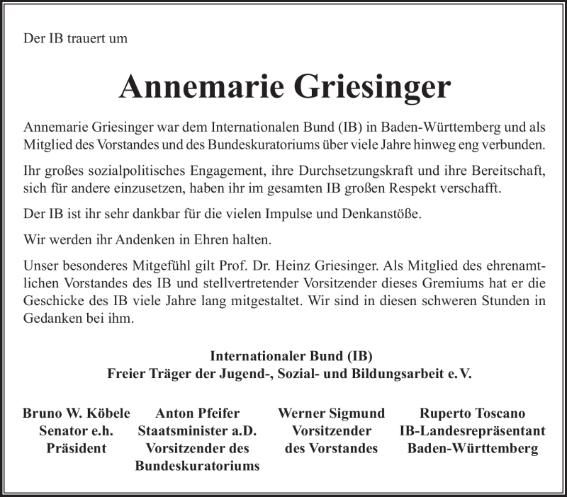 Traueranzeige für Annemarie Griesinger vom 23.02.2012 aus Stuttgarter Zeitung / Stuttgarter Nachrichten