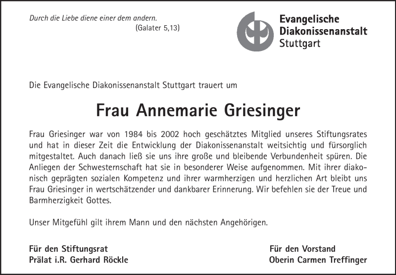  Traueranzeige für Annemarie Griesinger vom 23.02.2012 aus Stuttgarter Zeitung / Stuttgarter Nachrichten