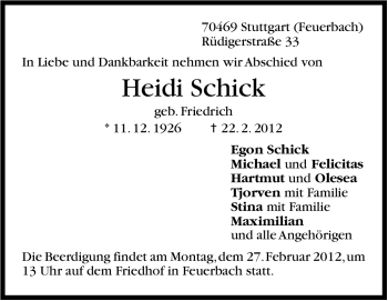 Traueranzeige von Heidi Schick von Stuttgarter Zeitung / Stuttgarter Nachrichten