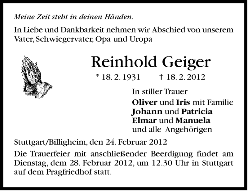  Traueranzeige für Reinhold Geiger vom 24.02.2012 aus Stuttgarter Zeitung / Stuttgarter Nachrichten