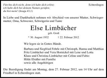 Traueranzeige von Else Limbächer von Stuttgarter Zeitung / Stuttgarter Nachrichten