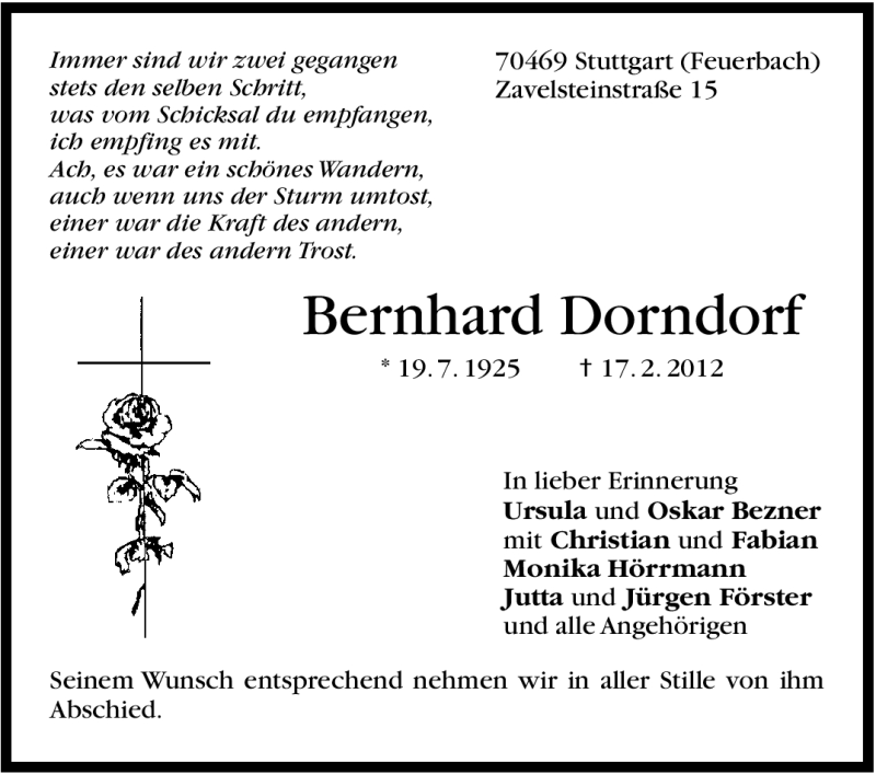  Traueranzeige für Bernhard Dorndorf vom 25.02.2012 aus Stuttgarter Zeitung / Stuttgarter Nachrichten