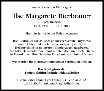 Traueranzeige von Ilse Margarete Bierbrauer von Stuttgarter Zeitung / Stuttgarter Nachrichten