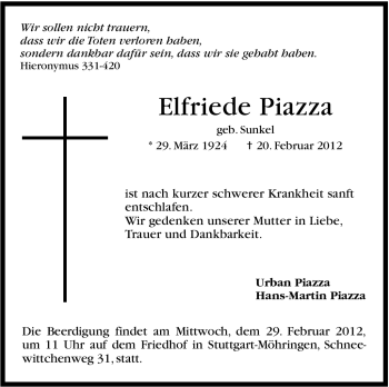 Traueranzeige von Elfriede Piazza von Stuttgarter Zeitung / Stuttgarter Nachrichten