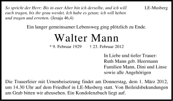Traueranzeige von Walter Mann von Stuttgarter Zeitung / Stuttgarter Nachrichten
