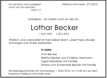 Traueranzeige von Lothar Becker von Stuttgarter Zeitung / Stuttgarter Nachrichten