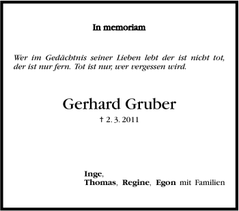 Traueranzeige von Gerhard Gruber von Stuttgarter Zeitung / Stuttgarter Nachrichten