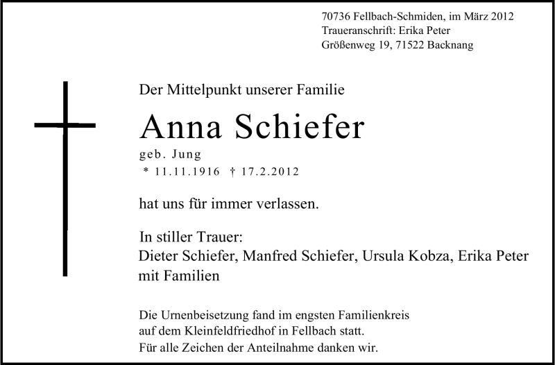  Traueranzeige für Anna Schiefer vom 02.03.2012 aus Stuttgarter Zeitung / Stuttgarter Nachrichten