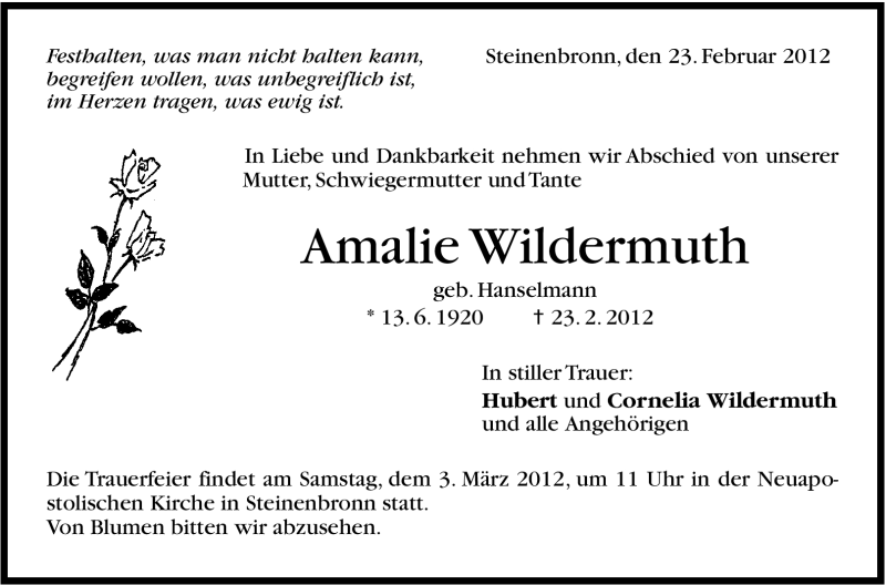  Traueranzeige für Amalie Wildermuth vom 29.02.2012 aus Stuttgarter Zeitung / Stuttgarter Nachrichten