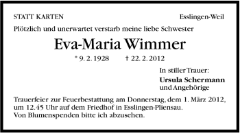 Traueranzeige von Eva-Maria Wimmer von Stuttgarter Zeitung / Stuttgarter Nachrichten