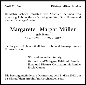 Traueranzeige von Margarete Müller von Stuttgarter Zeitung / Stuttgarter Nachrichten