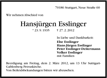 Traueranzeige von Hansjürgen Esslinger von Stuttgarter Zeitung / Stuttgarter Nachrichten