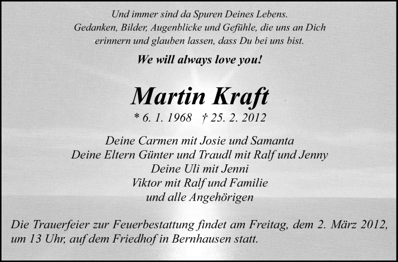  Traueranzeige für Martin Kraft vom 29.02.2012 aus Stuttgarter Zeitung / Stuttgarter Nachrichten