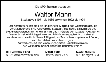 Traueranzeige von Walter Mann von Stuttgarter Zeitung / Stuttgarter Nachrichten
