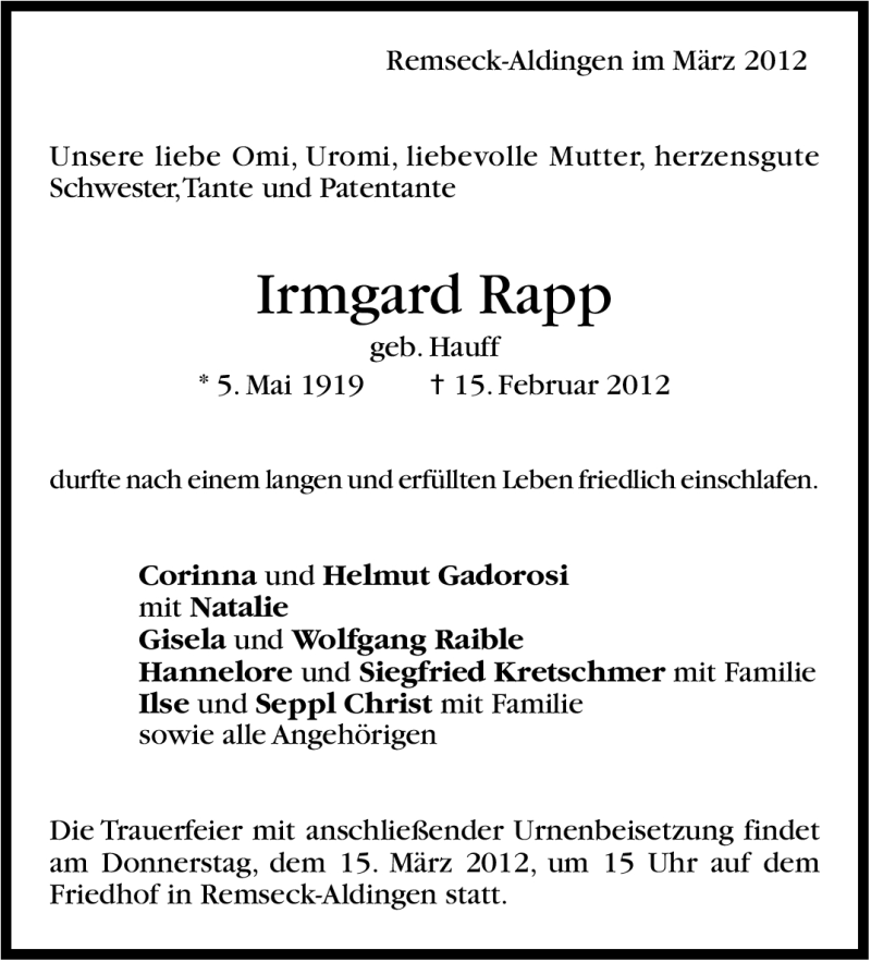  Traueranzeige für Irmgard Rapp vom 12.03.2012 aus Stuttgarter Zeitung / Stuttgarter Nachrichten