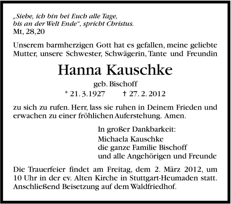  Traueranzeige für Hanna Kauschke vom 01.03.2012 aus Stuttgarter Zeitung / Stuttgarter Nachrichten