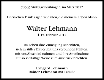 Traueranzeige von Walter Lehmann von Stuttgarter Zeitung / Stuttgarter Nachrichten