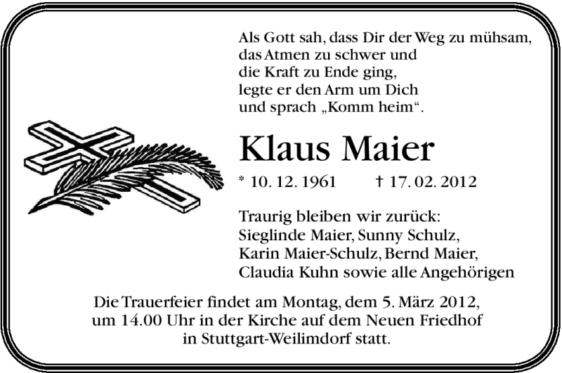  Traueranzeige für Klaus Maier vom 02.03.2012 aus Stuttgarter Zeitung / Stuttgarter Nachrichten