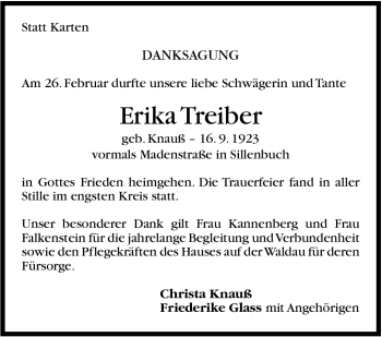 Traueranzeige von Erika Treiber von Stuttgarter Zeitung / Stuttgarter Nachrichten