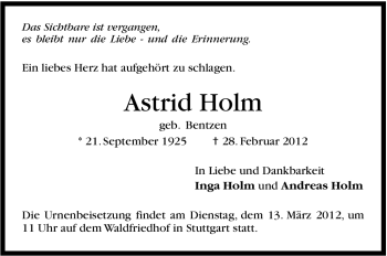 Traueranzeige von Astrid Holm von Stuttgarter Zeitung / Stuttgarter Nachrichten