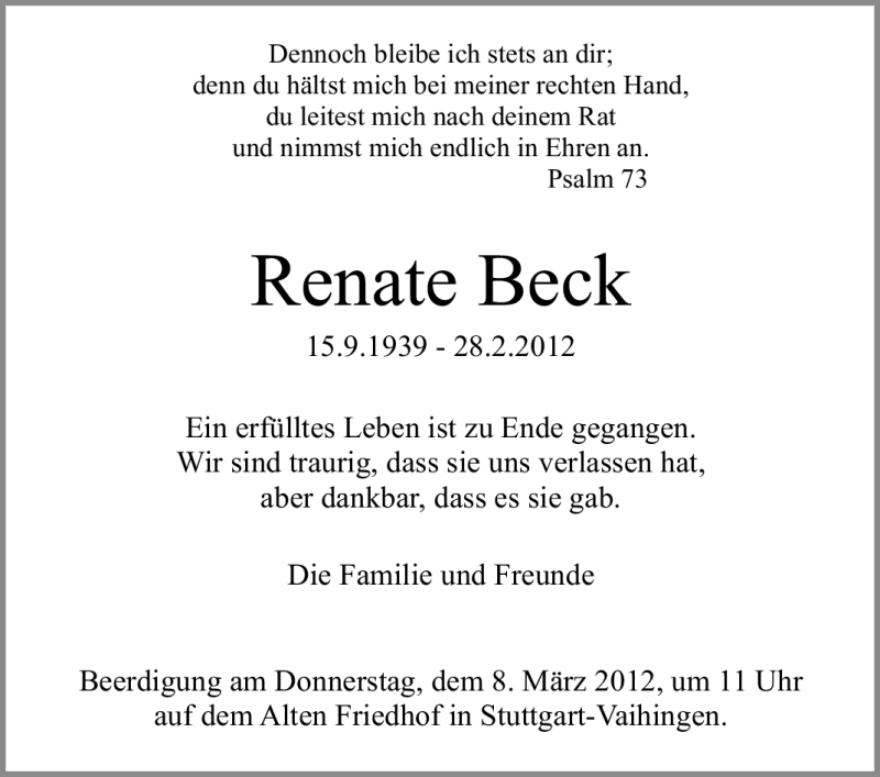 Traueranzeige für Renate Beck vom 05.03.2012 aus Stuttgarter Zeitung / Stuttgarter Nachrichten