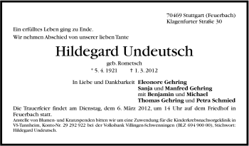 Traueranzeige von Hildegard Undeutsch von Stuttgarter Zeitung / Stuttgarter Nachrichten
