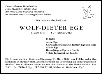 Traueranzeige von Wolf-Dieter Ege von Stuttgarter Zeitung / Stuttgarter Nachrichten
